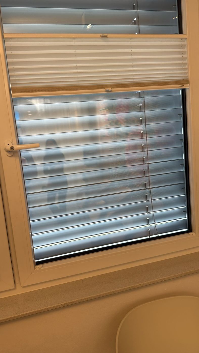 Sauberes Fenster mit Plissee nach der Glasreinigung