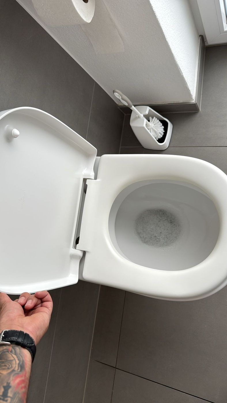 Gründlich gereinigte weiße Toilette mit geöffnetem Deckel im Sanitärbereich